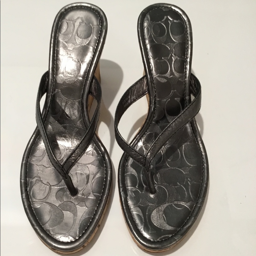 COACH METALLIC PEWTER CORK THING WEDGES SZ 7 1/2